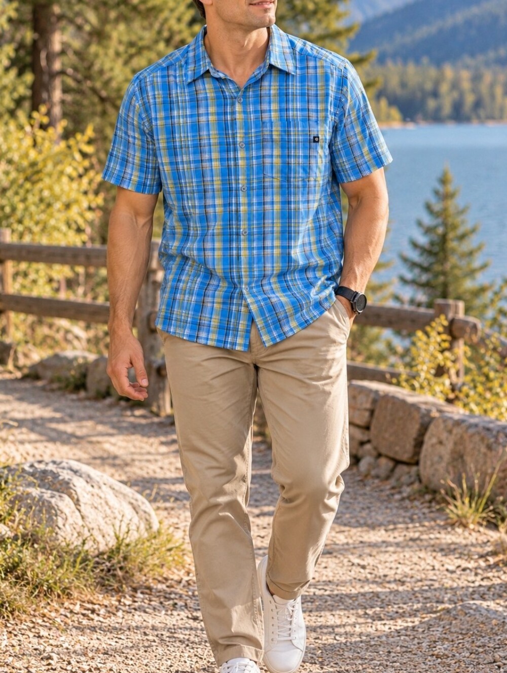 Marmot Men’s Blue Yellow Plaid Short Sleeve Button Down Outdoor Shirt Casual